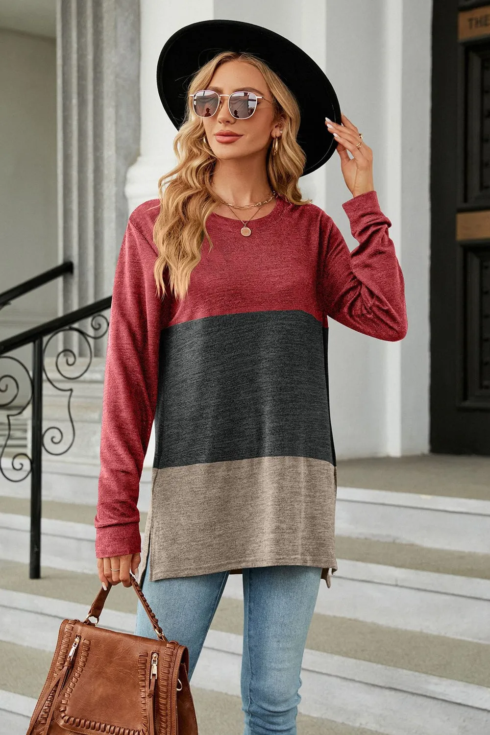 KHD Color Block Round Neck Long Sleeve Slit Top (7 Colors)