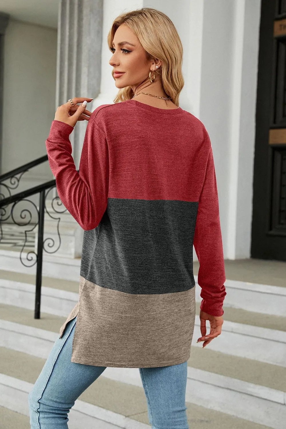 KHD Color Block Round Neck Long Sleeve Slit Top (7 Colors)