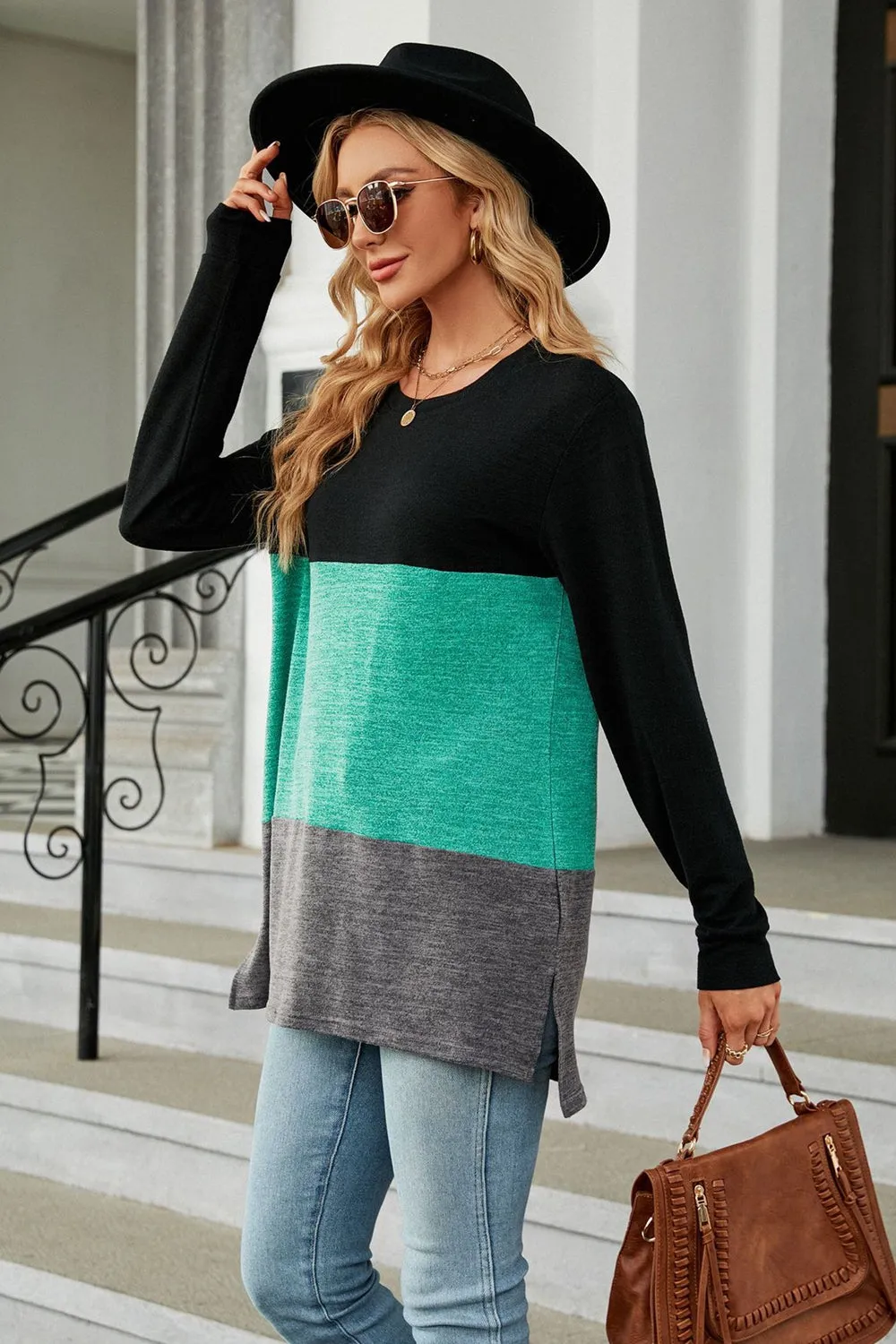 KHD Color Block Round Neck Long Sleeve Slit Top (7 Colors)