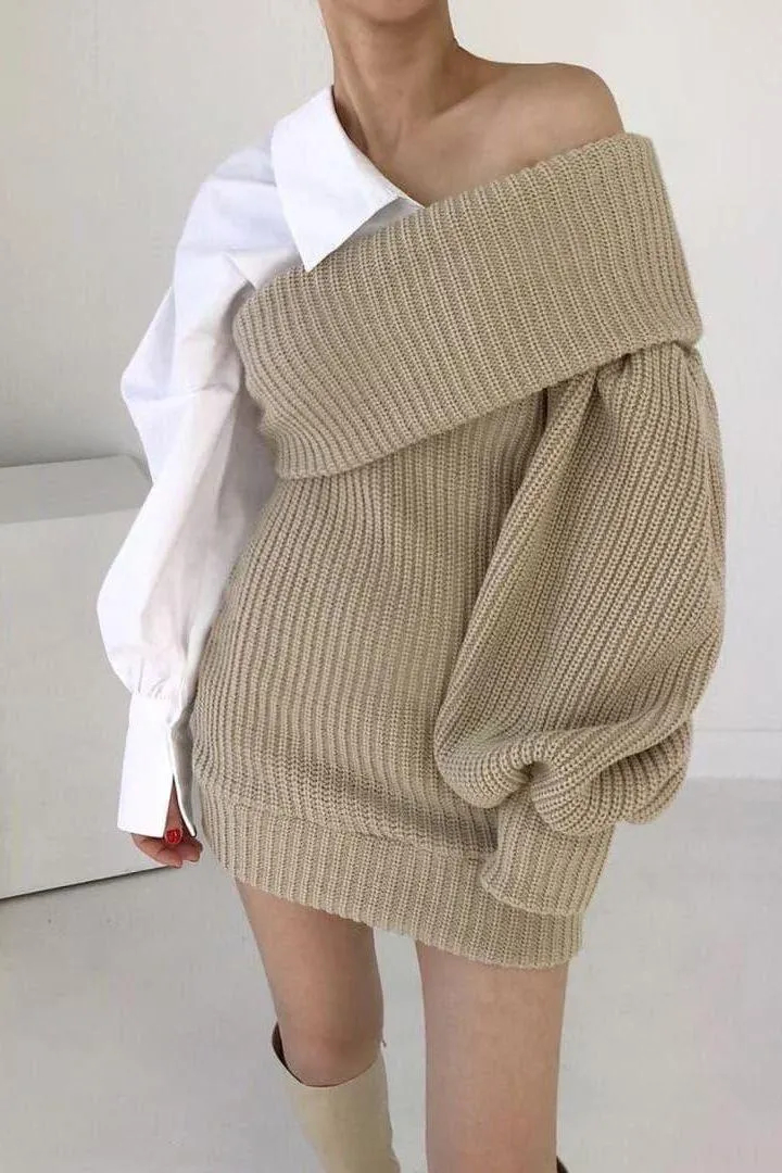 Knitted stitching fake two-piece slanted shoulder dress