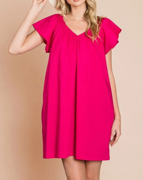Light Poplin V-Neck Flutter Sleeve Dress