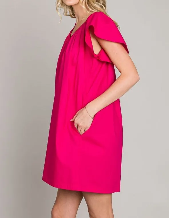 Light Poplin V-Neck Flutter Sleeve Dress