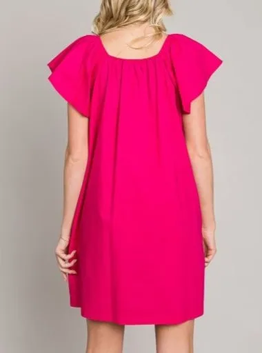 Light Poplin V-Neck Flutter Sleeve Dress