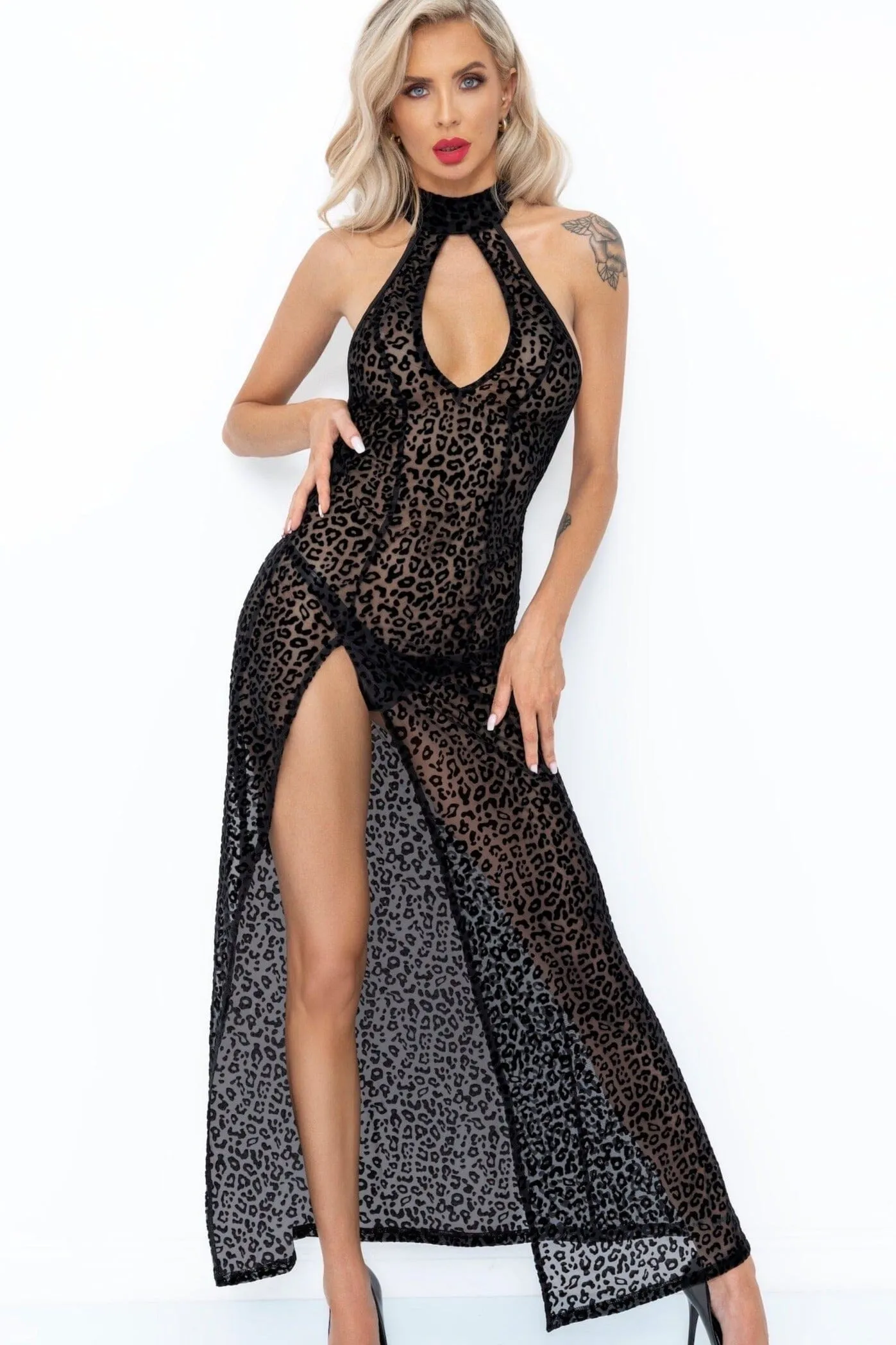 Long leopard flock dress with front slit