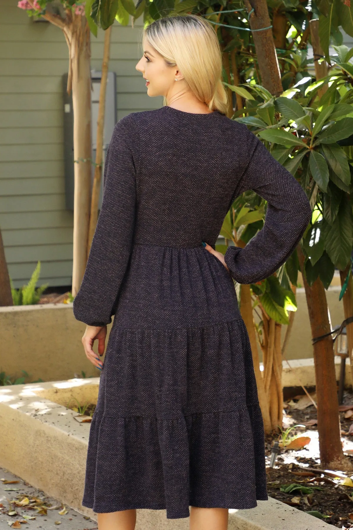 Long Puff Sleeve Elastic Waist Jacquard Knit Tiered Dress