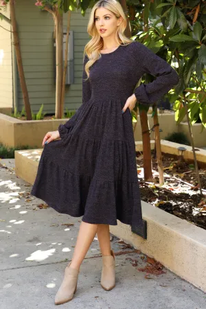 Long Puff Sleeve Elastic Waist Jacquard Knit Tiered Dress