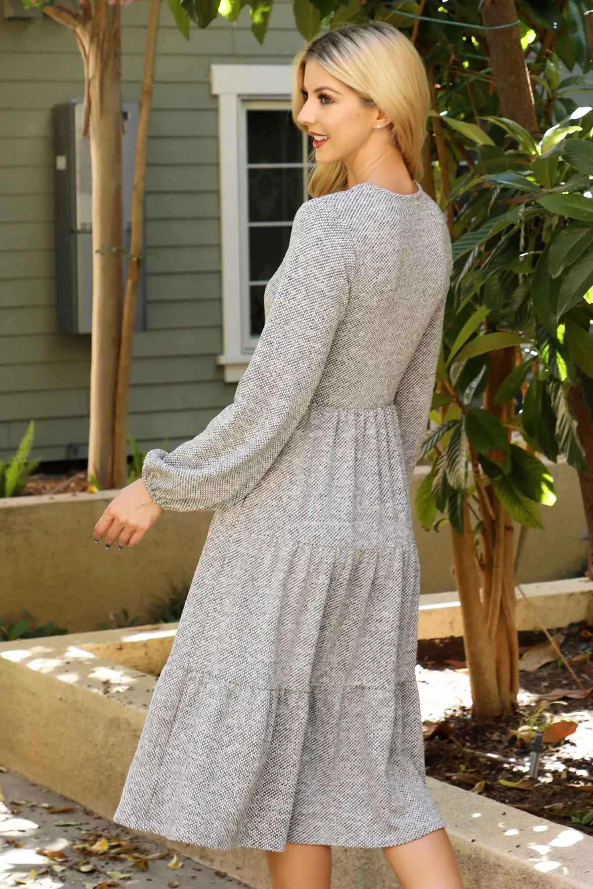 Long Puff Sleeve Elastic Waist Jacquard Knit Tiered Dress