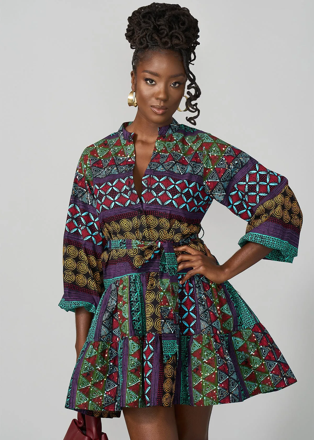 Malia Women's African Dress (Teal Maroon Multipattern)