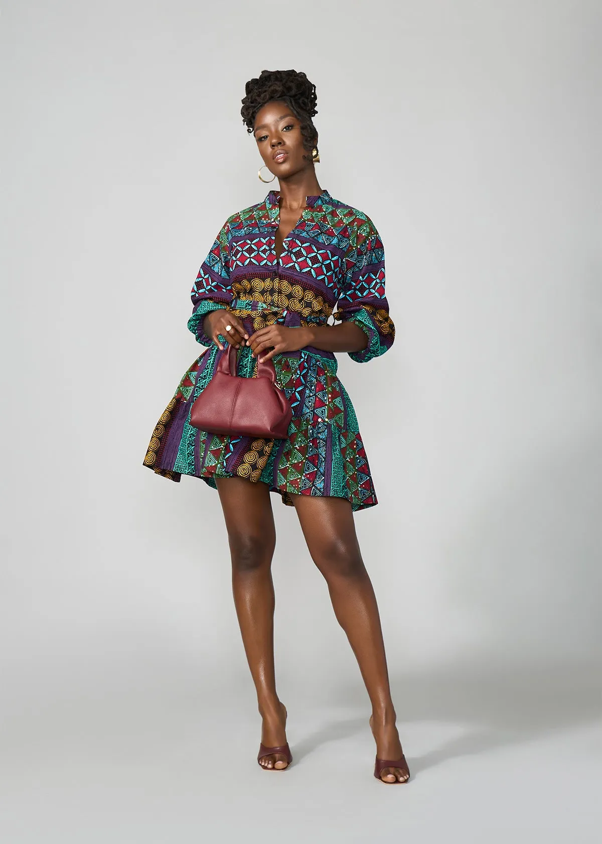 Malia Women's African Dress (Teal Maroon Multipattern)