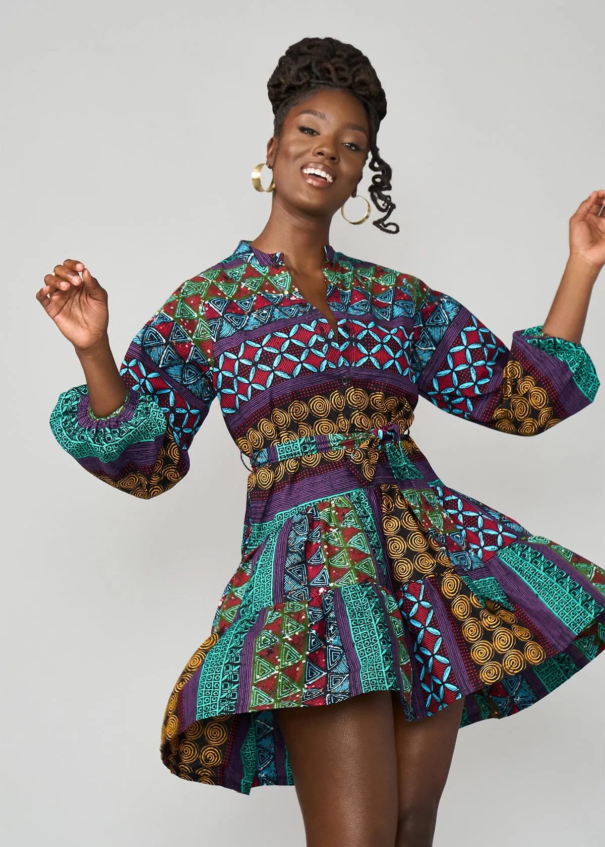 Malia Women's African Dress (Teal Maroon Multipattern)
