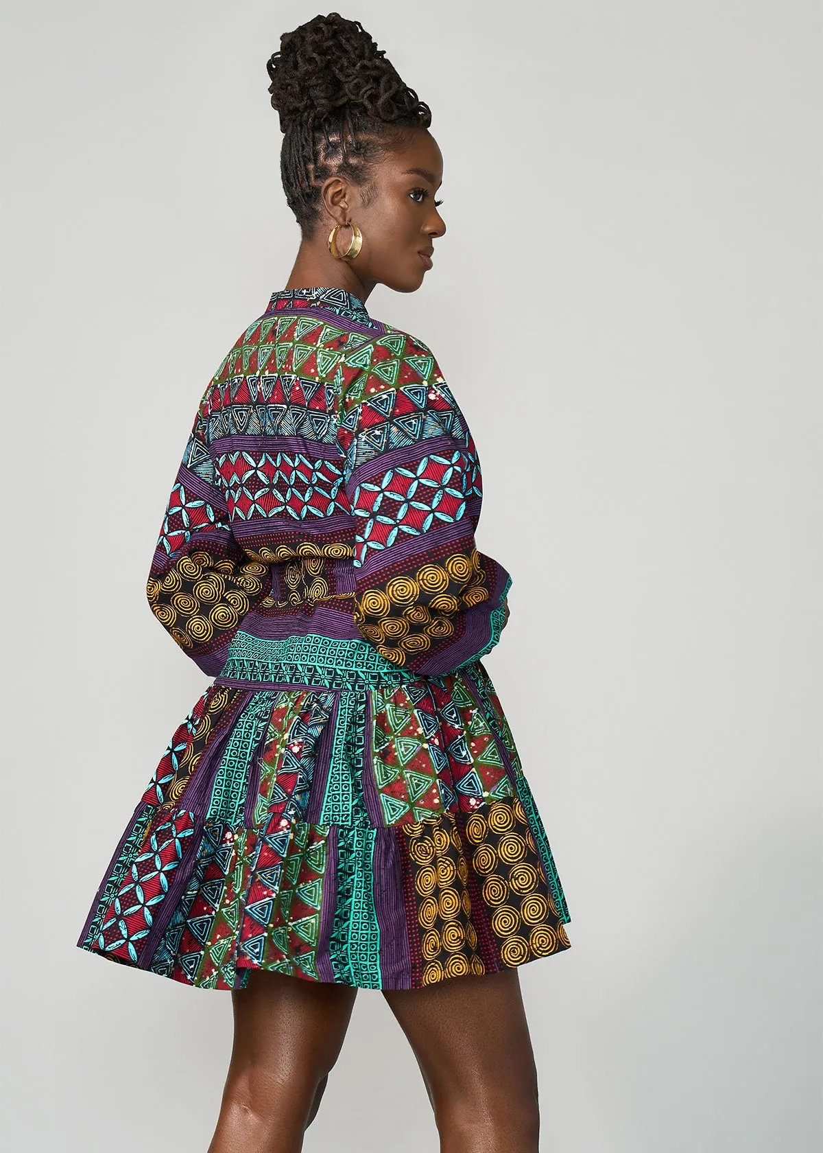 Malia Women's African Dress (Teal Maroon Multipattern)