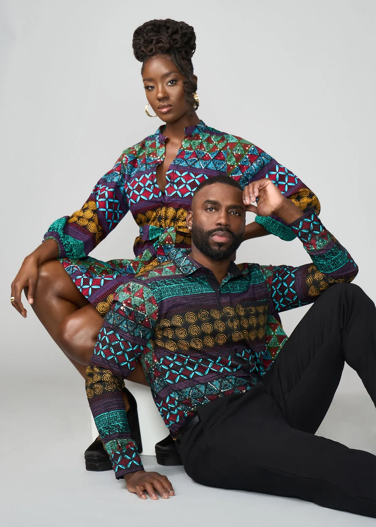 Malia Women's African Dress (Teal Maroon Multipattern)