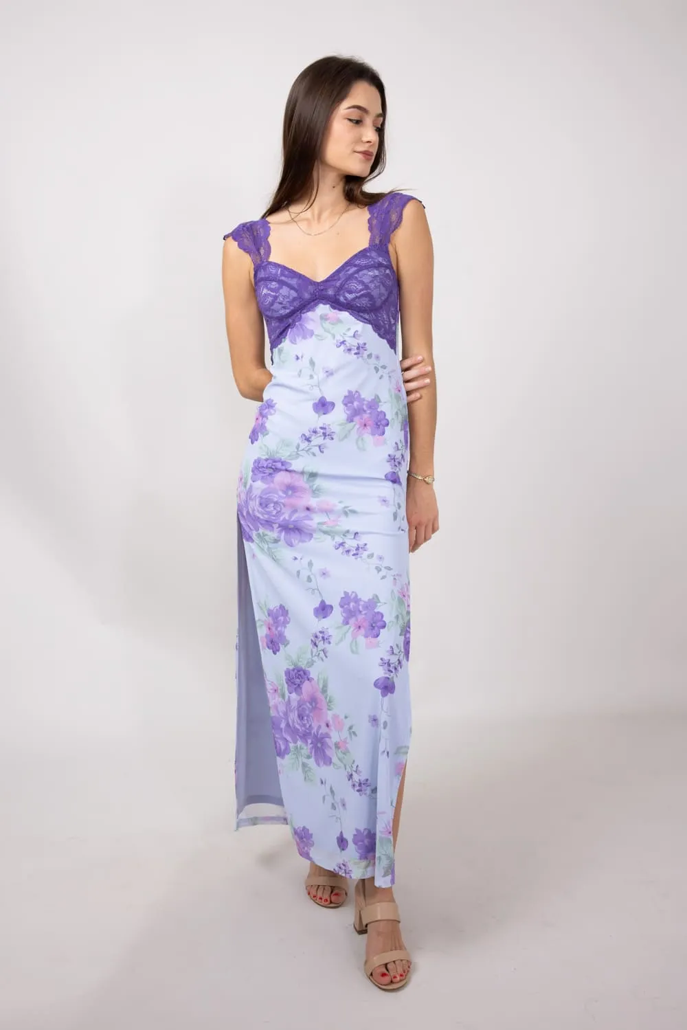 Mesh Floral Print Maxi Dress with Lace Detailing for Women in Light Blue | IBD30145-LTBLUE