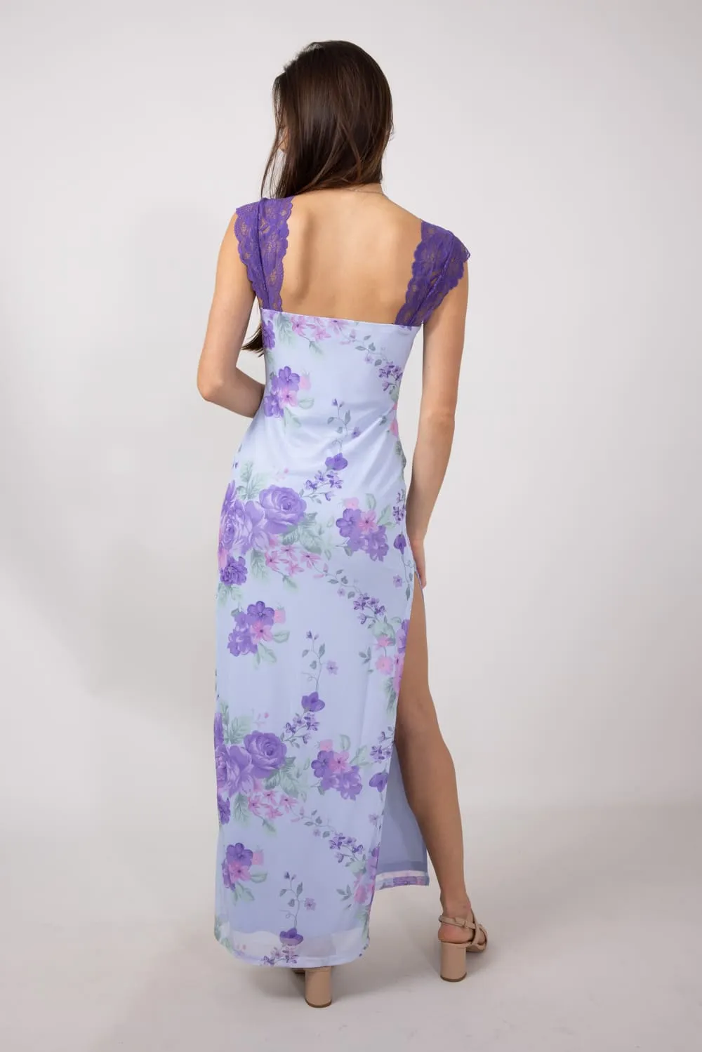 Mesh Floral Print Maxi Dress with Lace Detailing for Women in Light Blue | IBD30145-LTBLUE