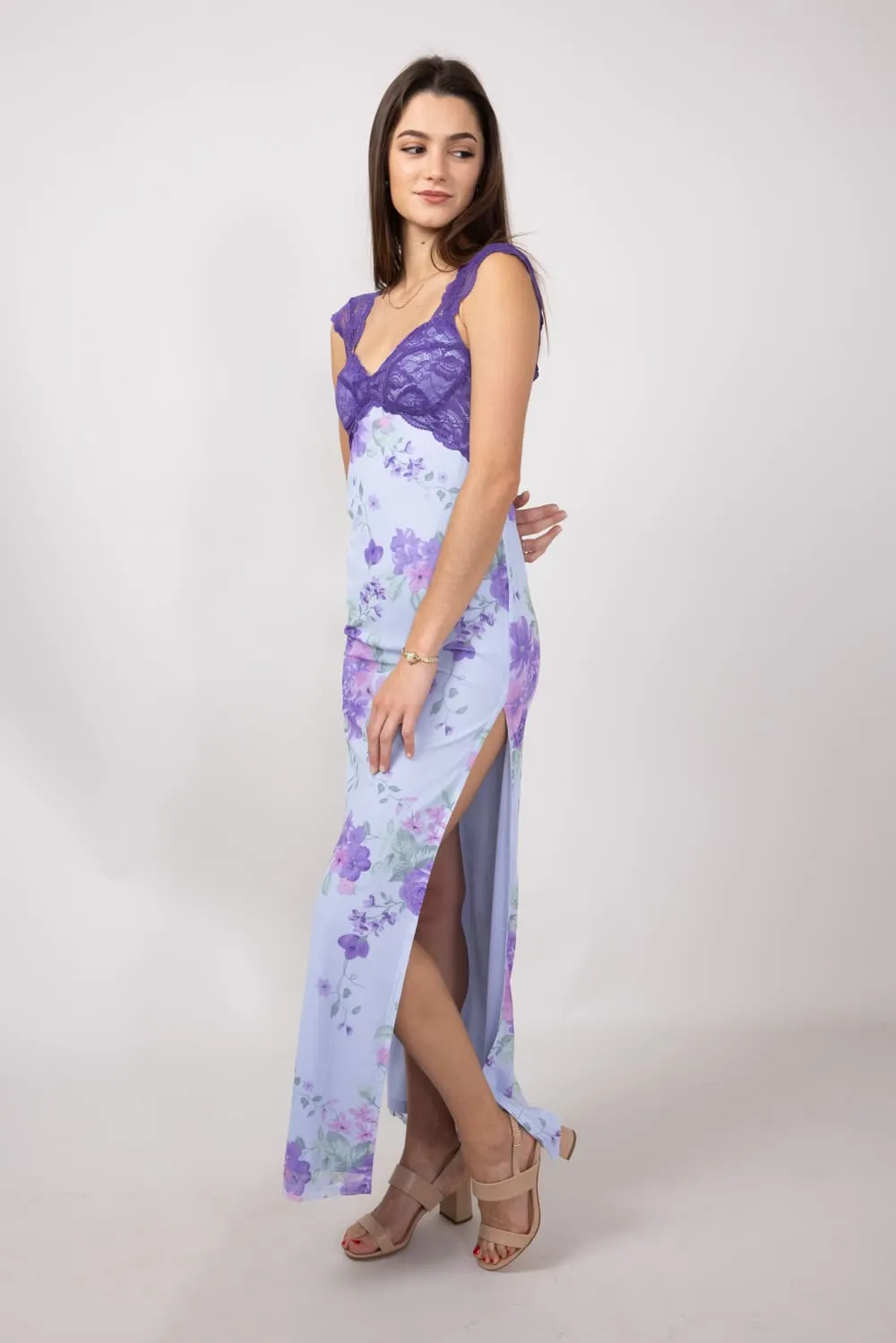 Mesh Floral Print Maxi Dress with Lace Detailing for Women in Light Blue | IBD30145-LTBLUE