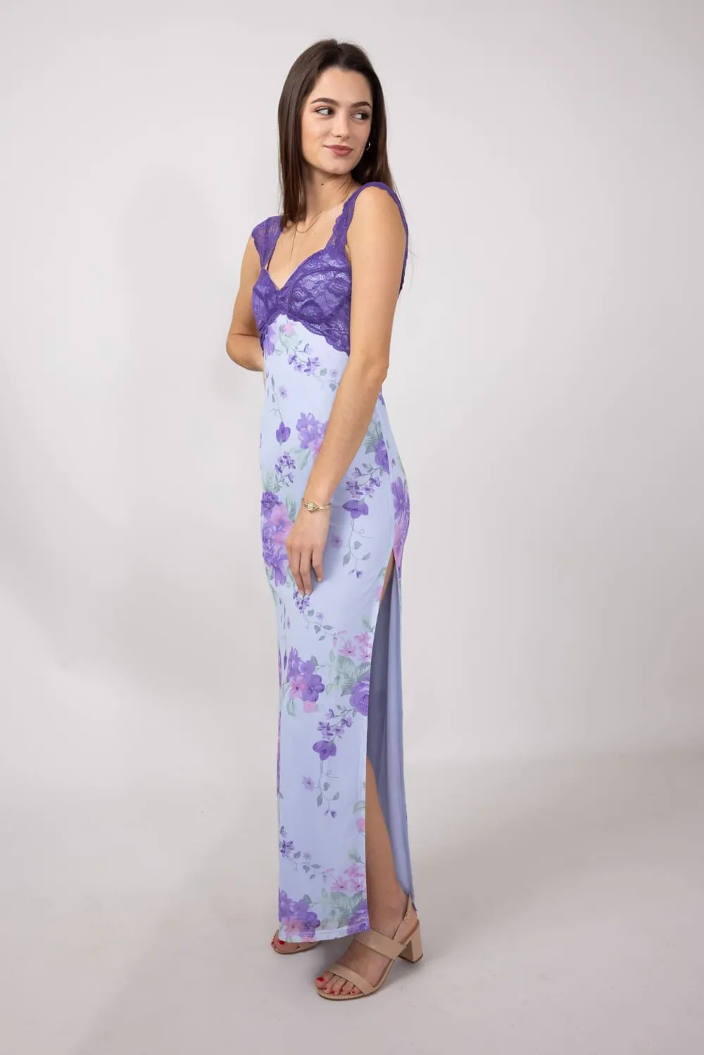 Mesh Floral Print Maxi Dress with Lace Detailing for Women in Light Blue | IBD30145-LTBLUE