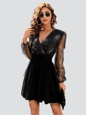 Mesh Sleeve Black Mini Tulle Dress M01057