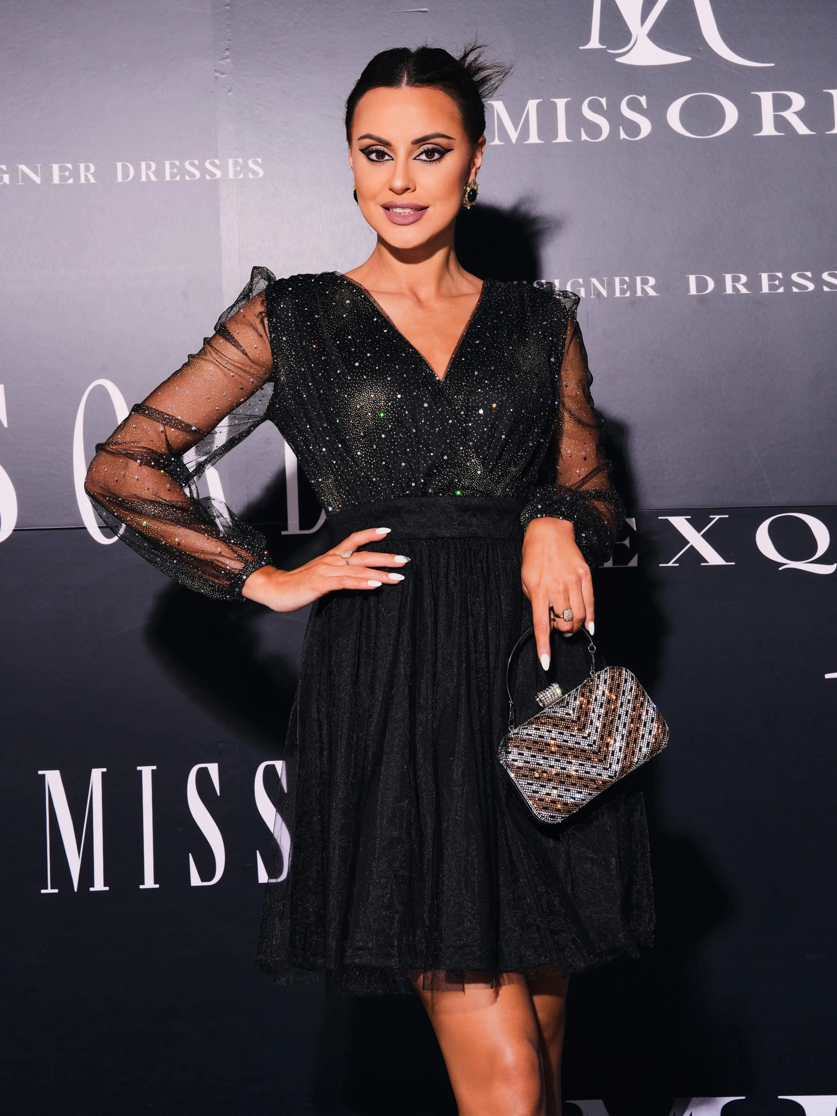 Mesh Sleeve Black Mini Tulle Dress M01057