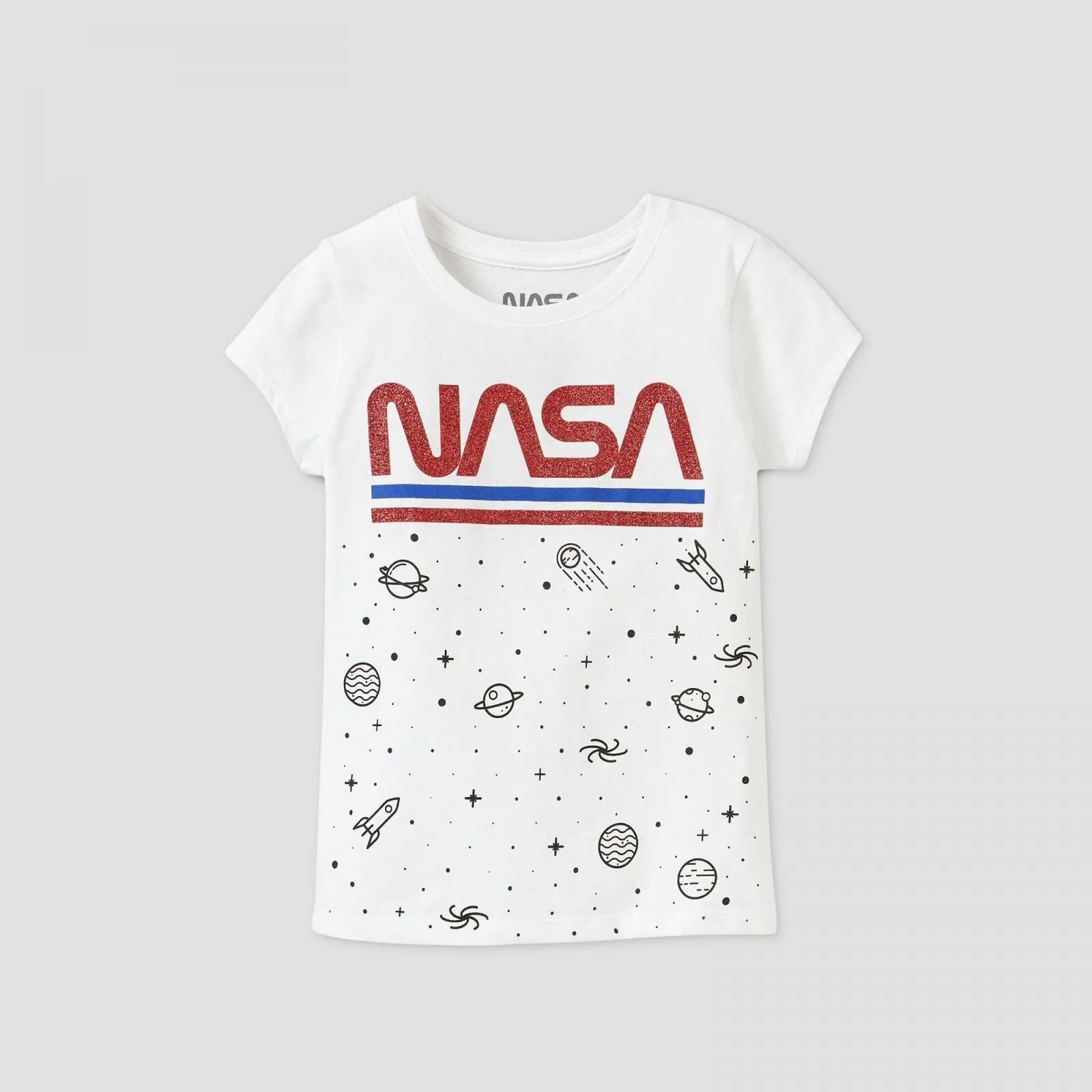 NASA Girls'  Short Sleeve Glitter Graphic T-Shirt Tee