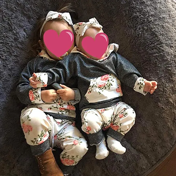 New Pawzbay Baby Girls Clothes Long Sleeve Flowers Hoodie Tops and Pants Outfit Set with Pocket Headband, Lightweight great for summer, Sz 12-18 Months!