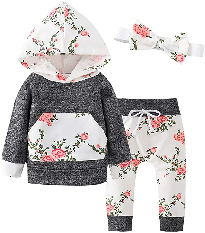 New Pawzbay Baby Girls Clothes Long Sleeve Flowers Hoodie Tops and Pants Outfit Set with Pocket Headband, Lightweight great for summer, Sz 12-18 Months!
