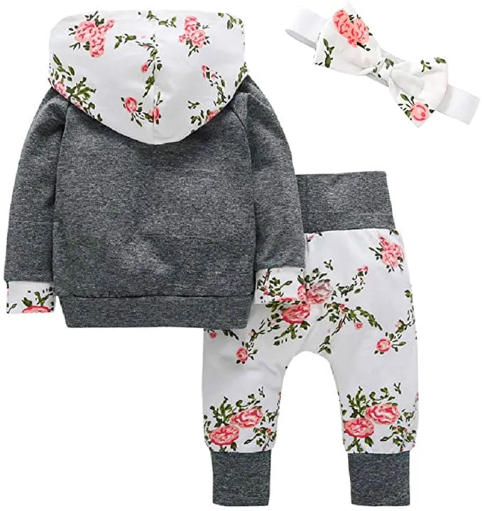 New Pawzbay Baby Girls Clothes Long Sleeve Flowers Hoodie Tops and Pants Outfit Set with Pocket Headband, Lightweight great for summer, Sz 12-18 Months!