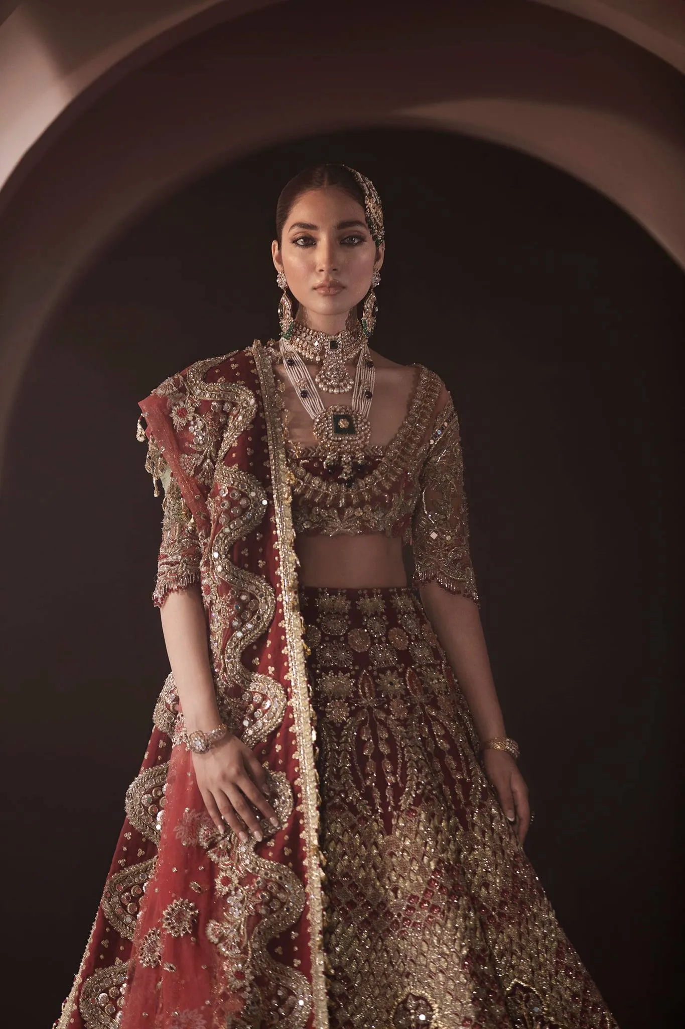 Pakistani Red Heavy Bridal Lehenga Crop Top Choli #BN905