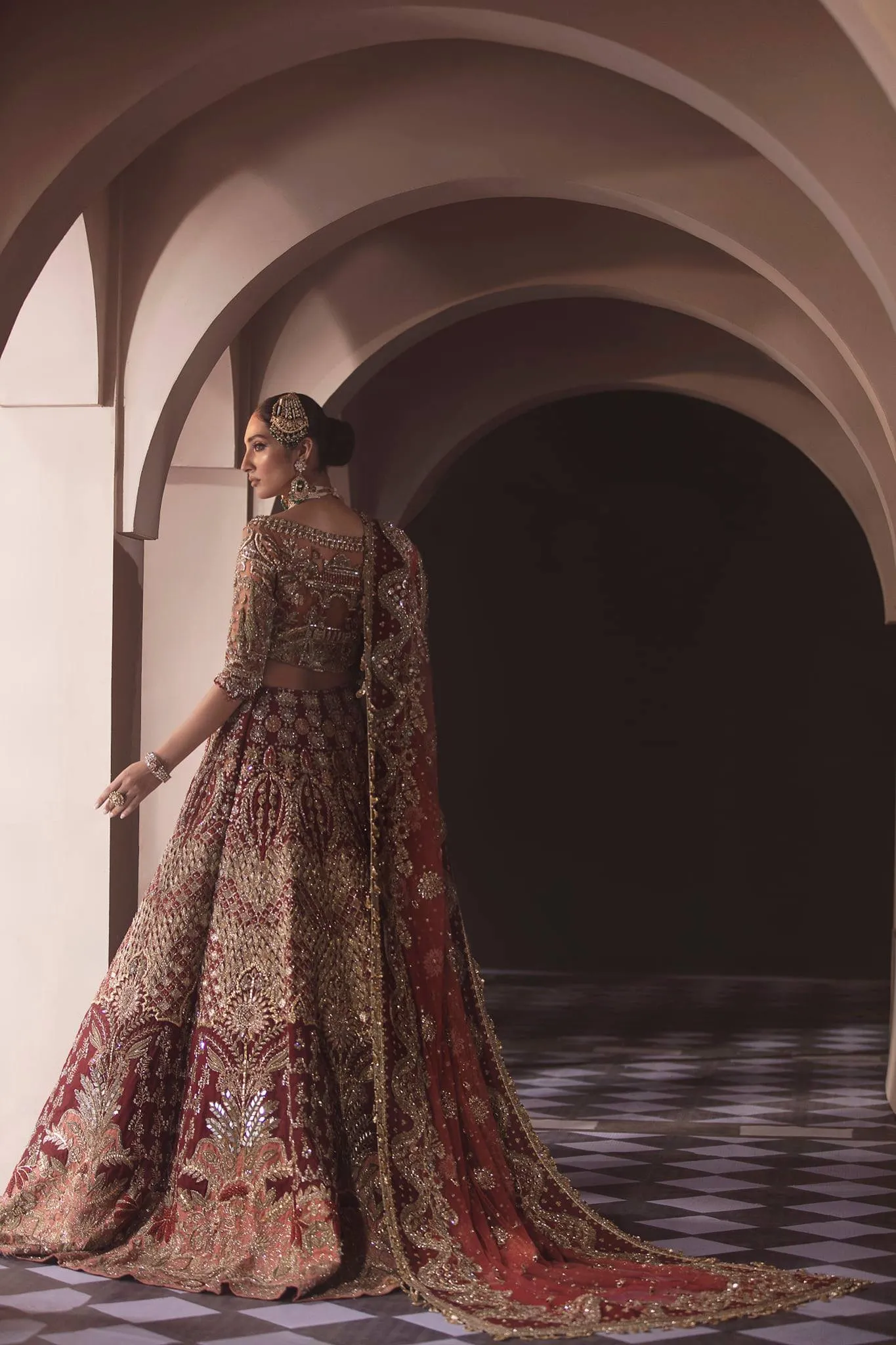 Pakistani Red Heavy Bridal Lehenga Crop Top Choli #BN905