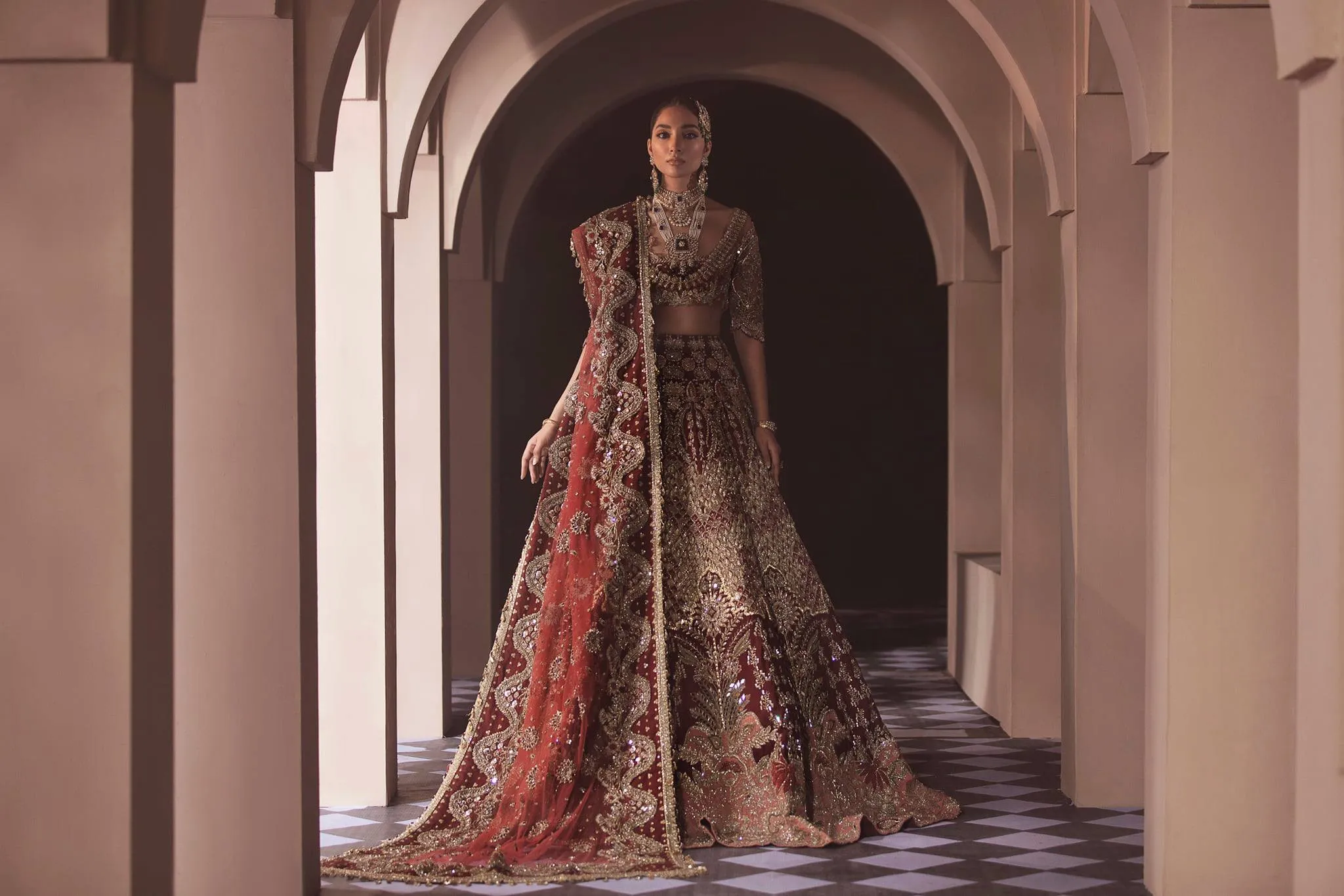 Pakistani Red Heavy Bridal Lehenga Crop Top Choli #BN905