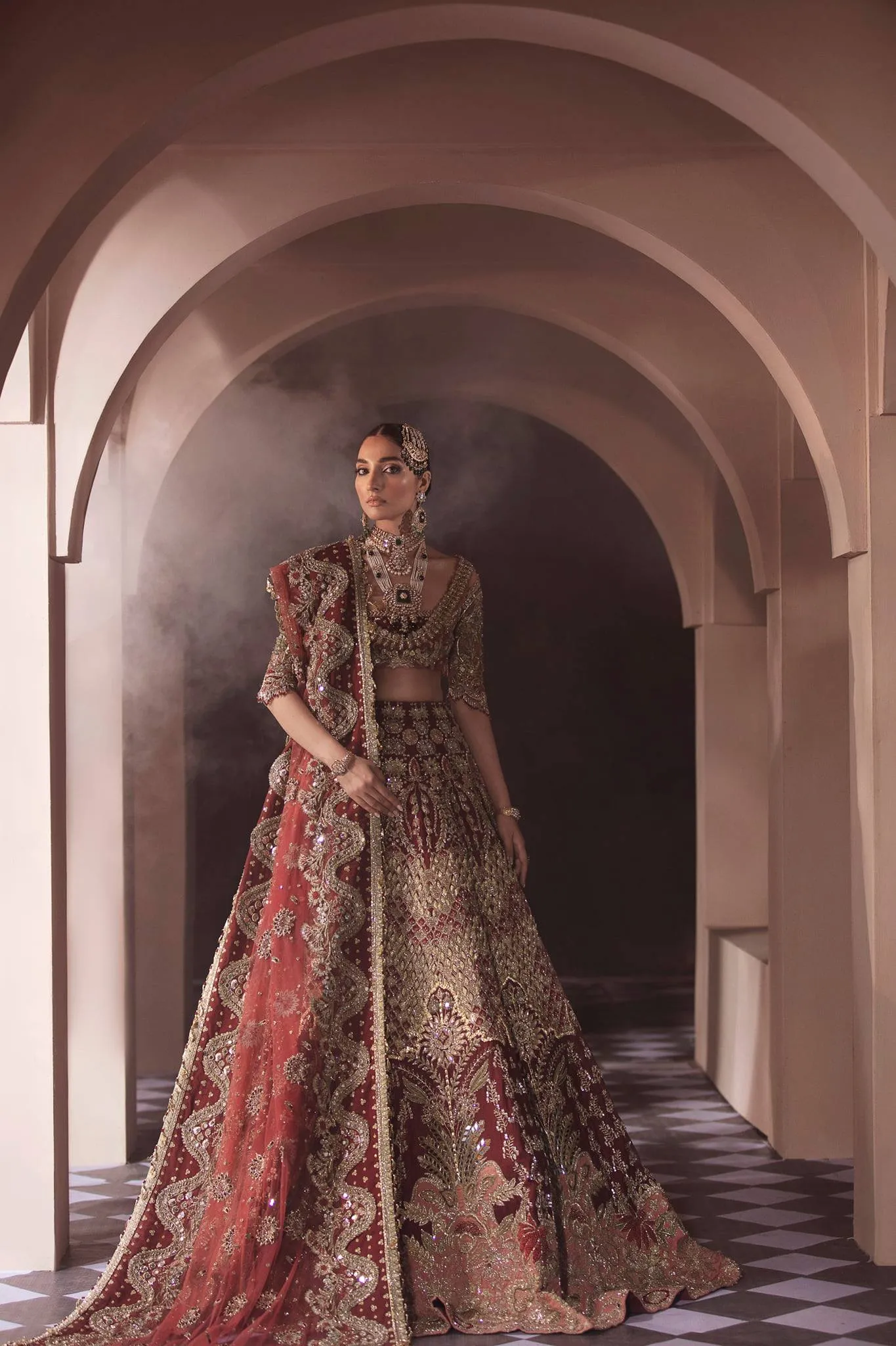 Pakistani Red Heavy Bridal Lehenga Crop Top Choli #BN905