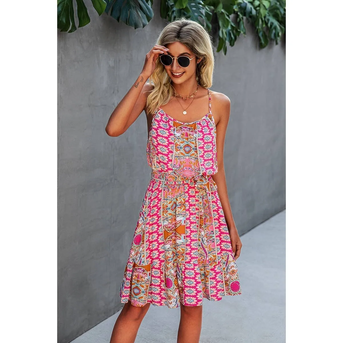 Pink Spaghetti Strap Floral Ruffle Dress