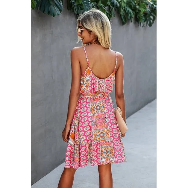 Pink Spaghetti Strap Floral Ruffle Dress