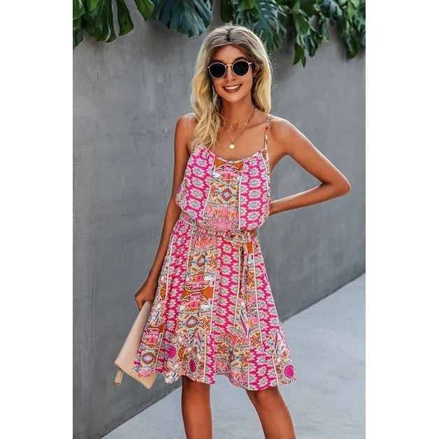 Pink Spaghetti Strap Floral Ruffle Dress