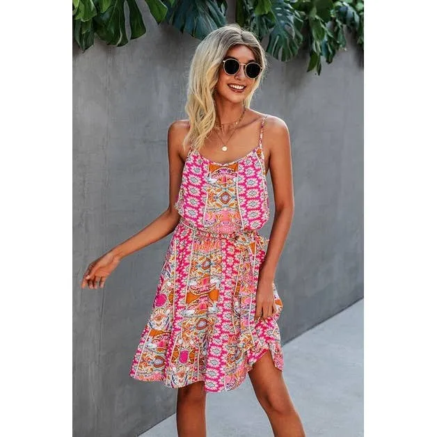 Pink Spaghetti Strap Floral Ruffle Dress