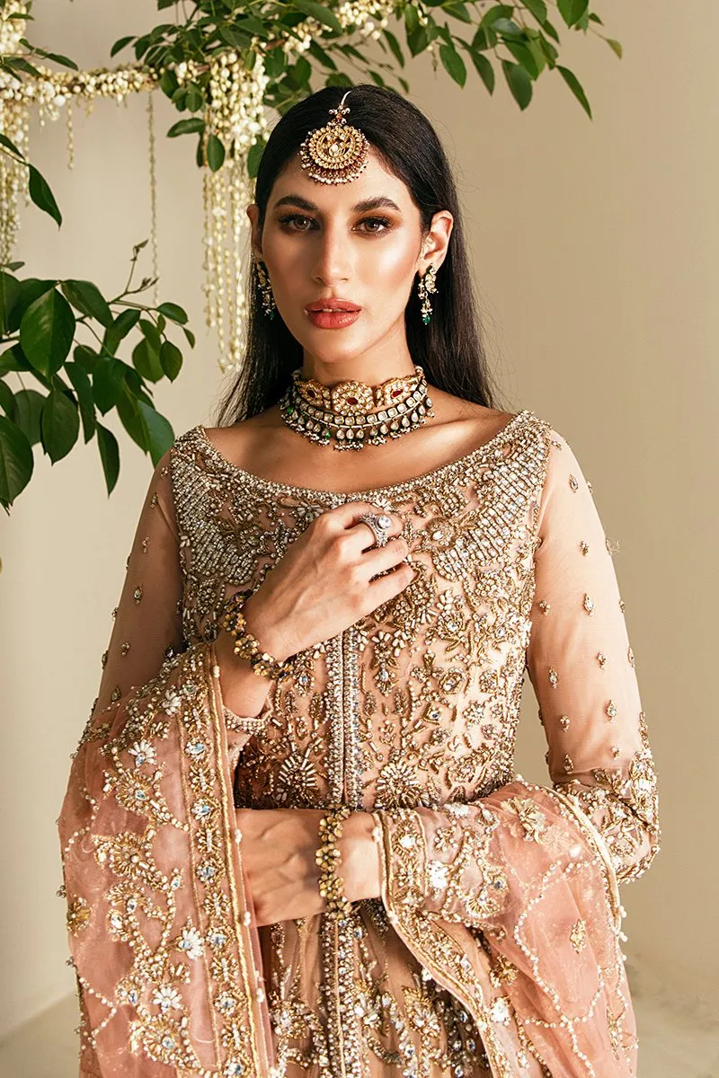 Popular Pakistani Bridal Lehenga in Embellished Heavy Sitara Work on Bridal Peach Lehenga Gown for Pakistani Brides in Raw Net #BN934