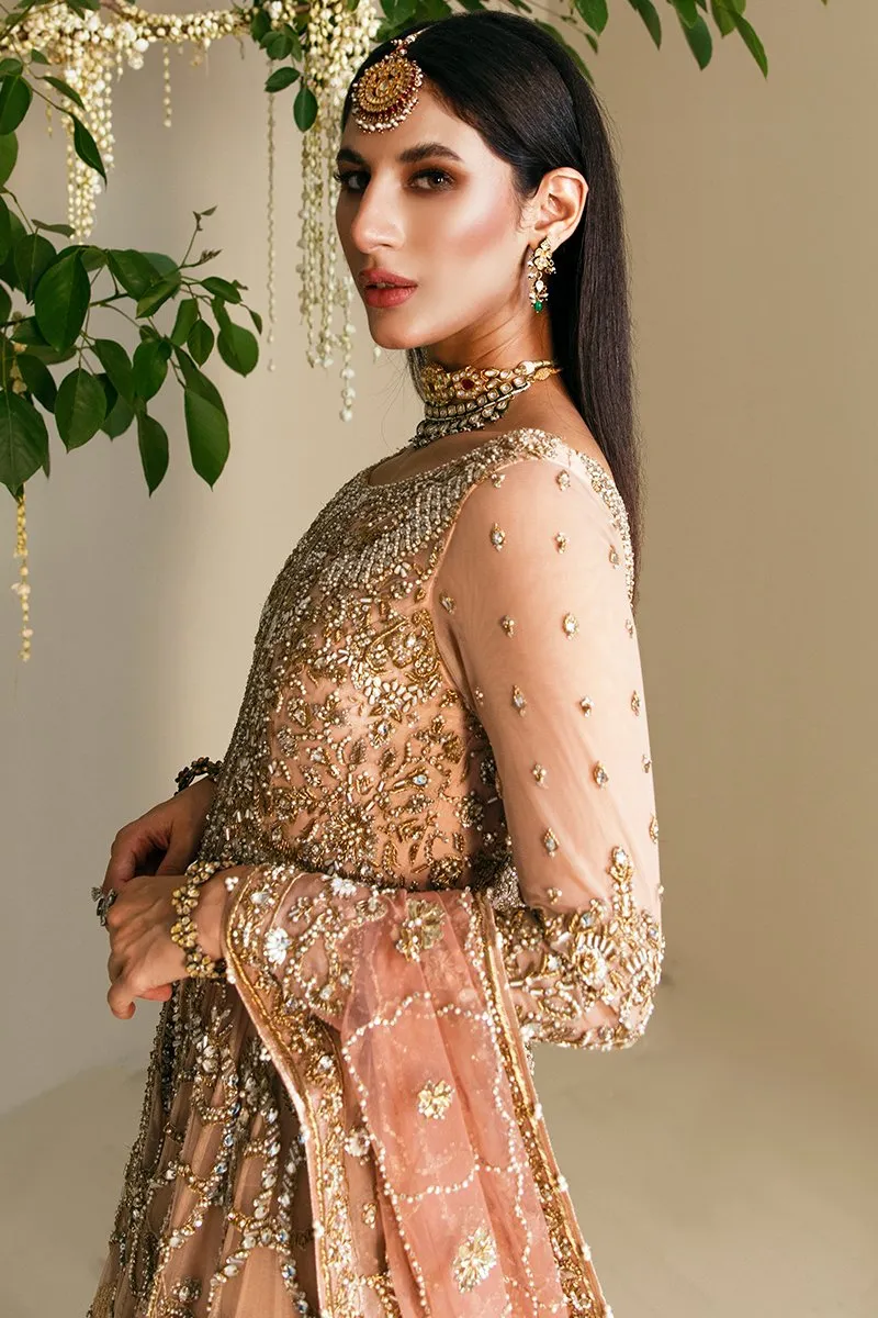 Popular Pakistani Bridal Lehenga in Embellished Heavy Sitara Work on Bridal Peach Lehenga Gown for Pakistani Brides in Raw Net #BN934