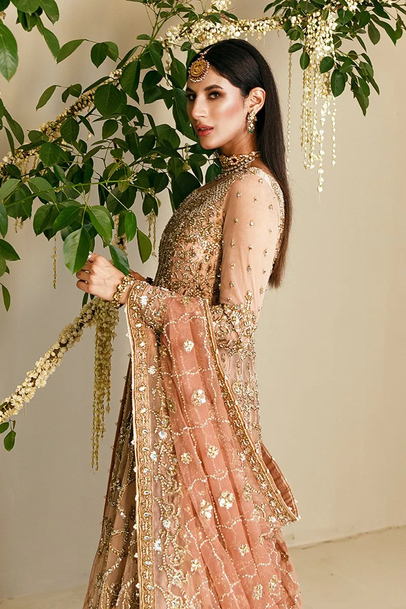 Popular Pakistani Bridal Lehenga in Embellished Heavy Sitara Work on Bridal Peach Lehenga Gown for Pakistani Brides in Raw Net #BN934