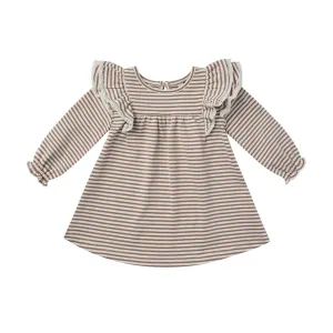 Quincy Mae Long Sleeve Flutter Dress - Cocoa Stripe