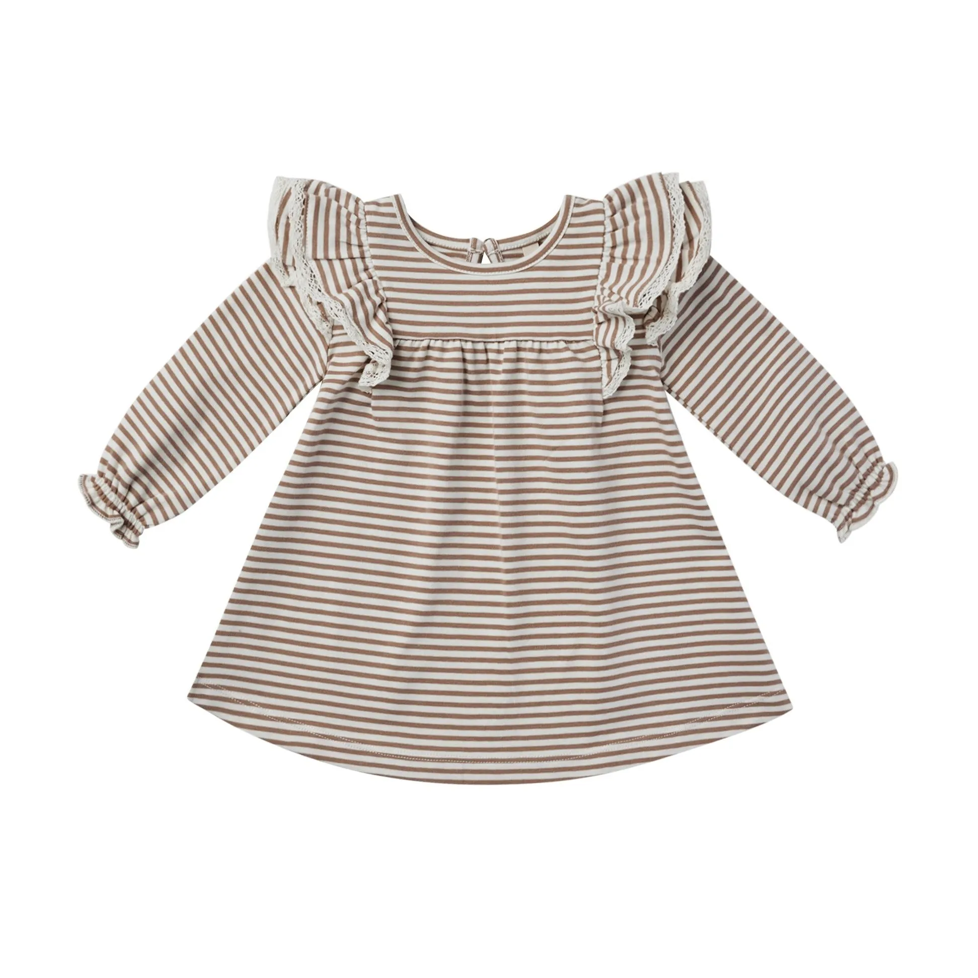 Quincy Mae Long Sleeve Flutter Dress - Cocoa Stripe