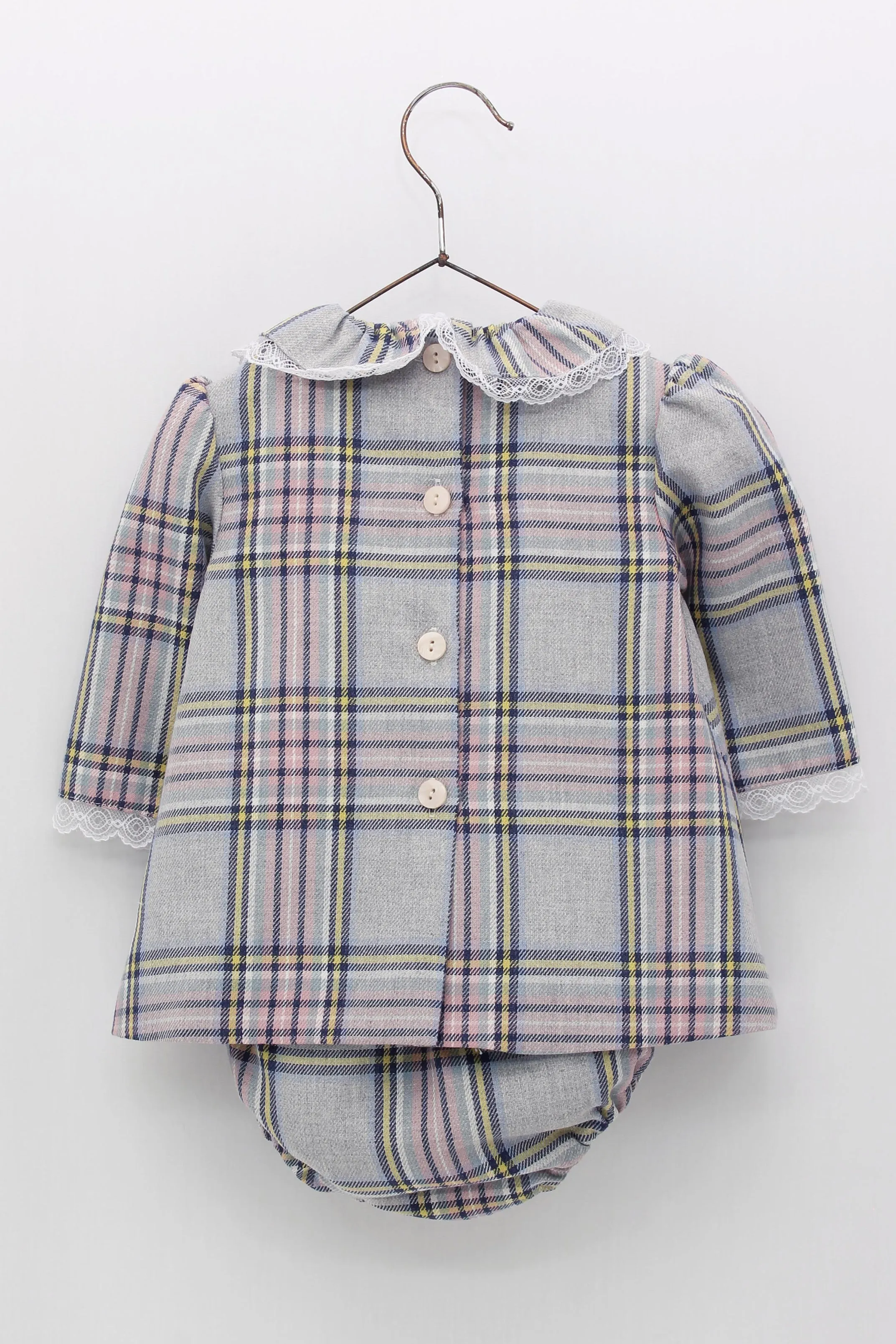 "Alexandra" Pink & Grey Tartan Dress & Bloomers
