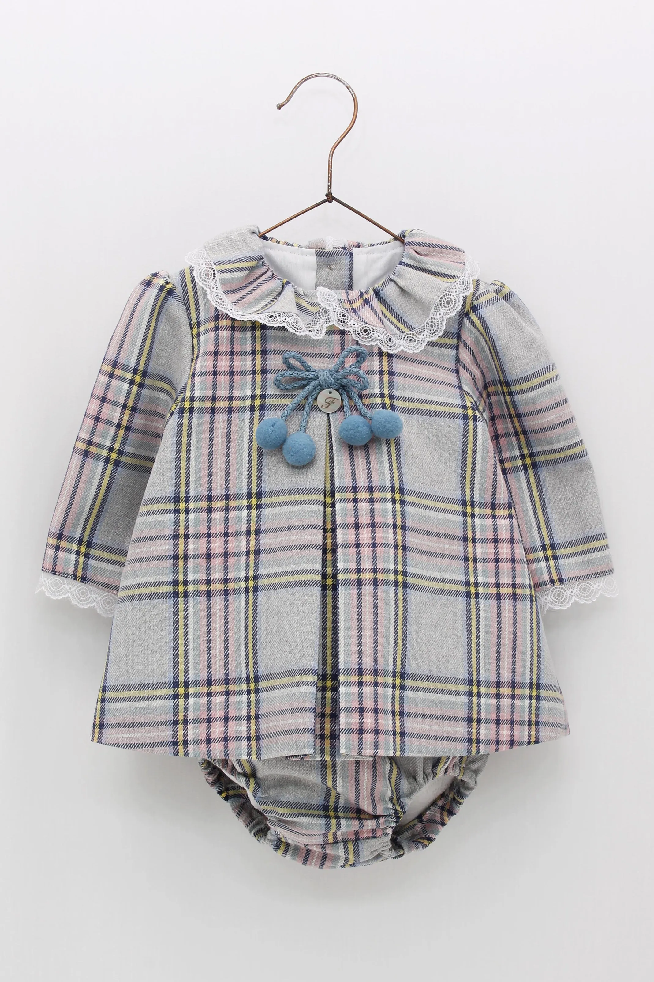 "Alexandra" Pink & Grey Tartan Dress & Bloomers