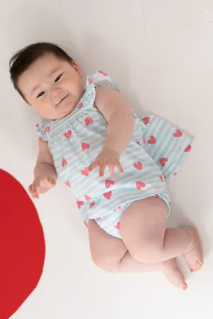 "Ariel" Aquamarine Striped Heart Print Dress & Bloomers