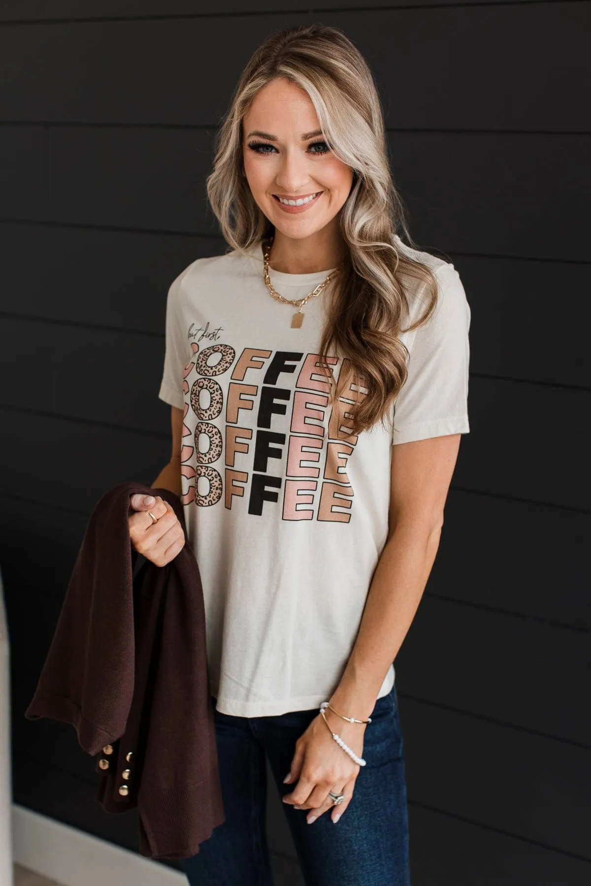 "But First, Coffee" Stacked Graphic Tee- Cream