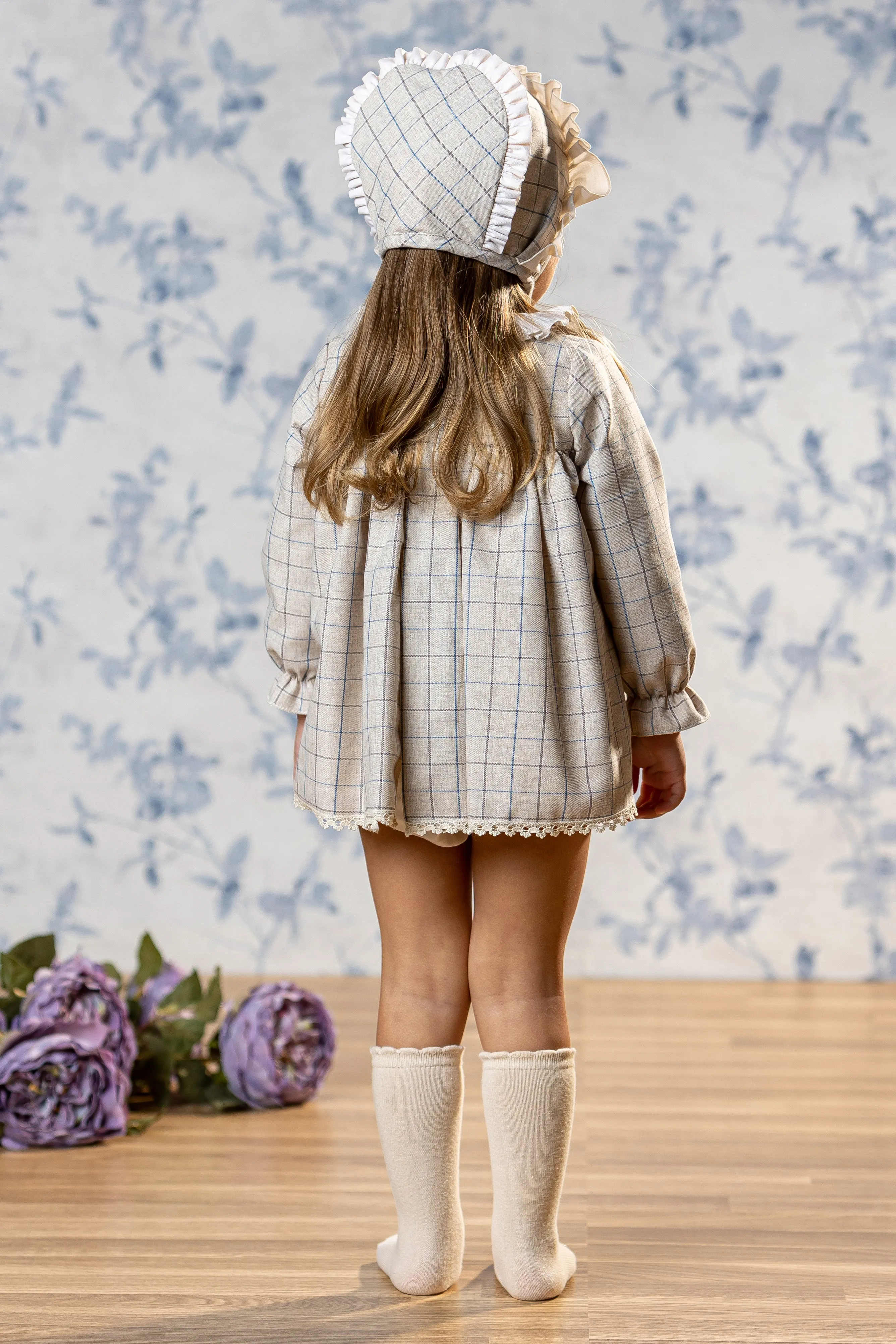 "Chloe" Stone Check Dress, Bloomers & Bonnet