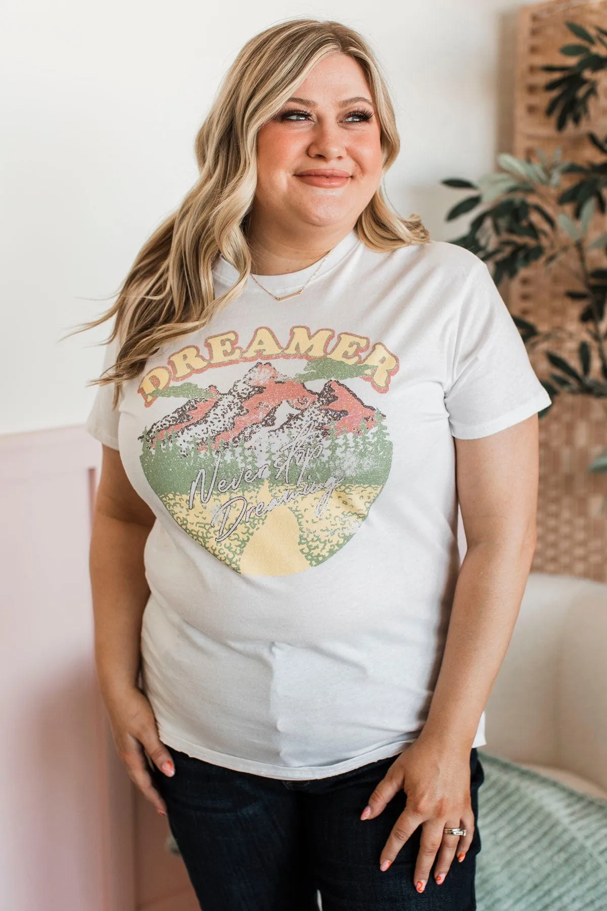 "Dreamer" Mountainscape Graphic Tee- White