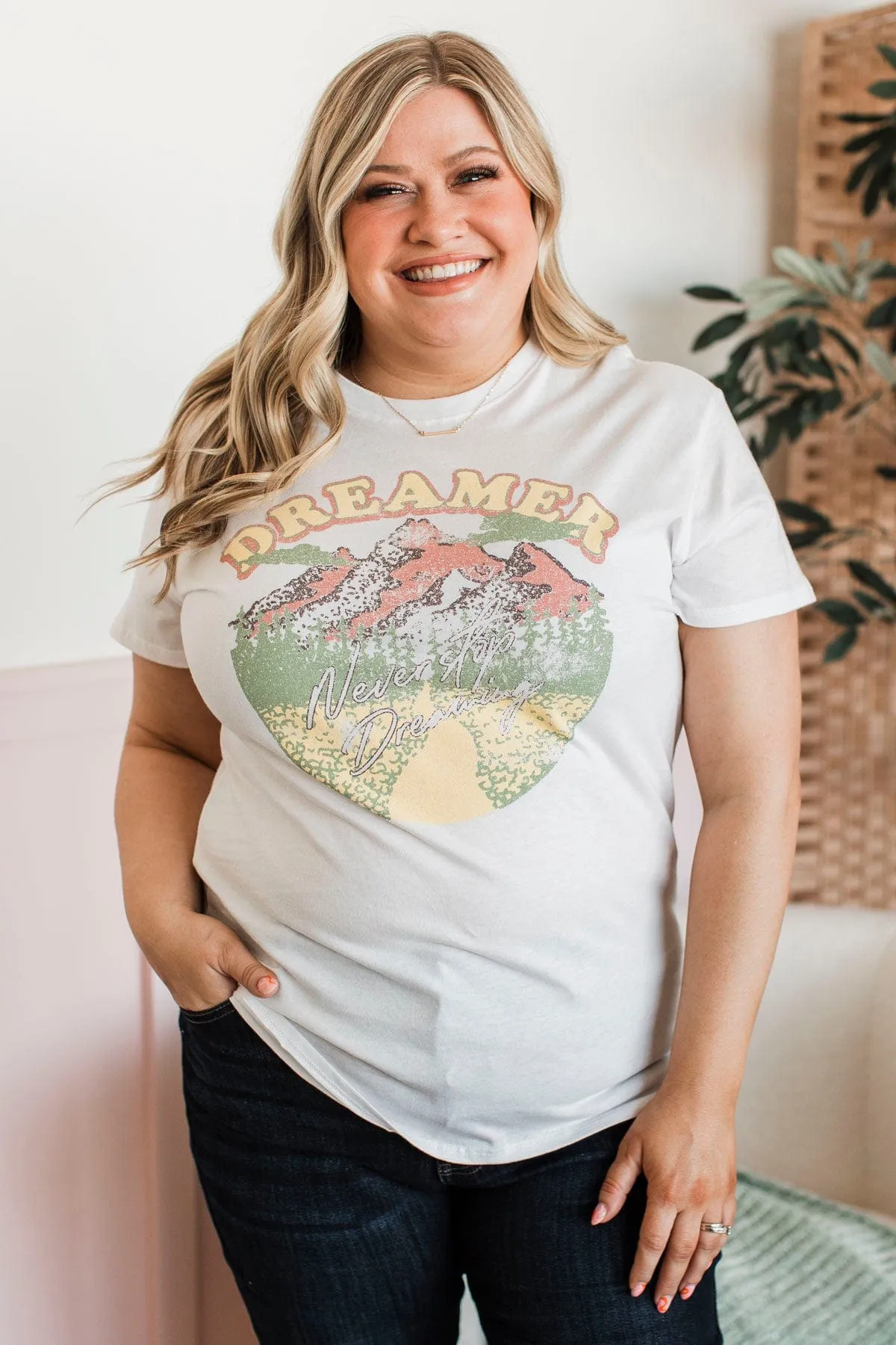 "Dreamer" Mountainscape Graphic Tee- White