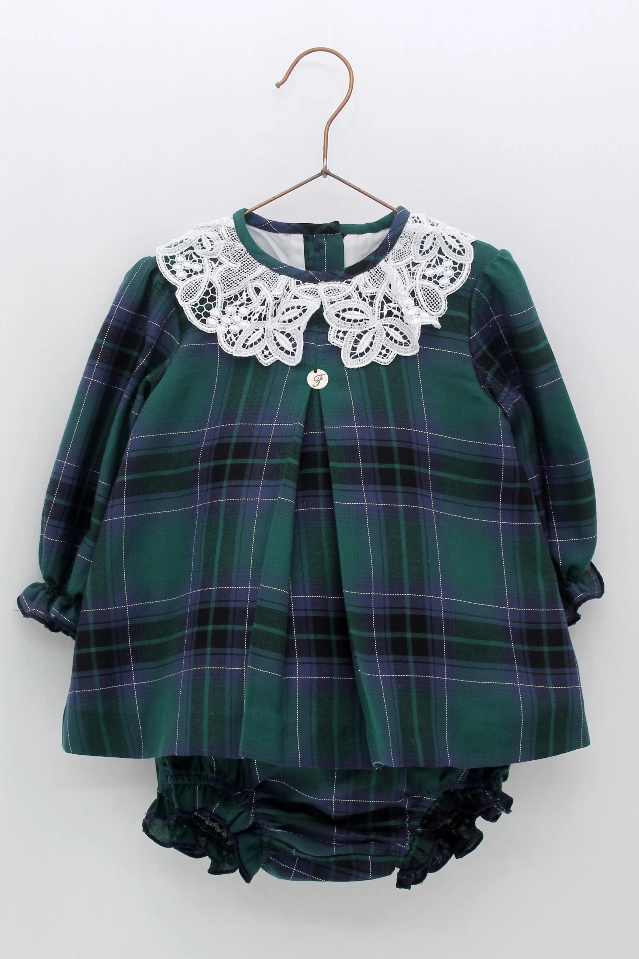 "Elizabeth" Bottle Green Tartan Dress & Bloomers