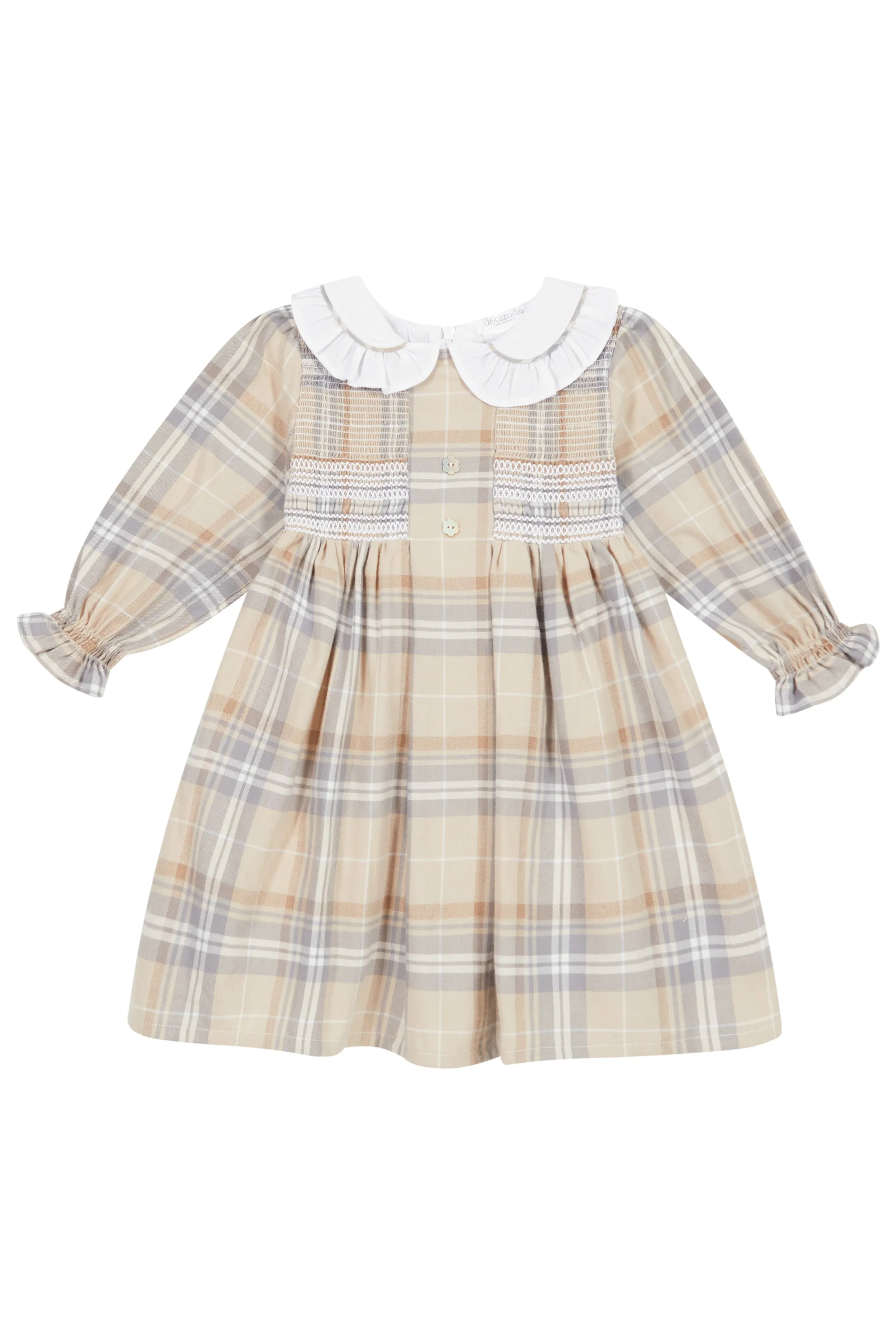 "Ethel" Beige Tartan Smocked Dress