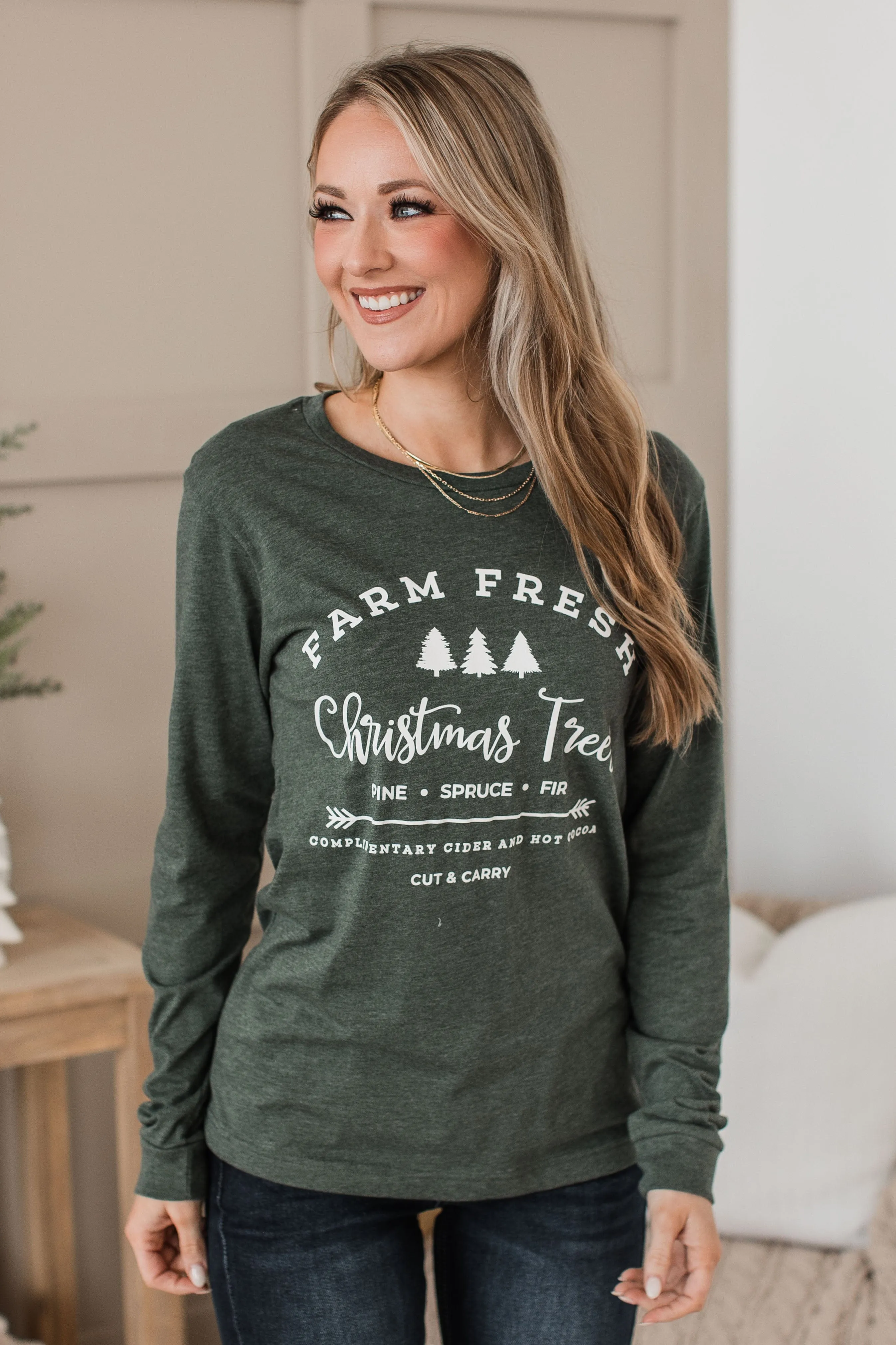 "Farm Fresh Christmas Trees" Long Sleeve Graphic Top- Hunter Green