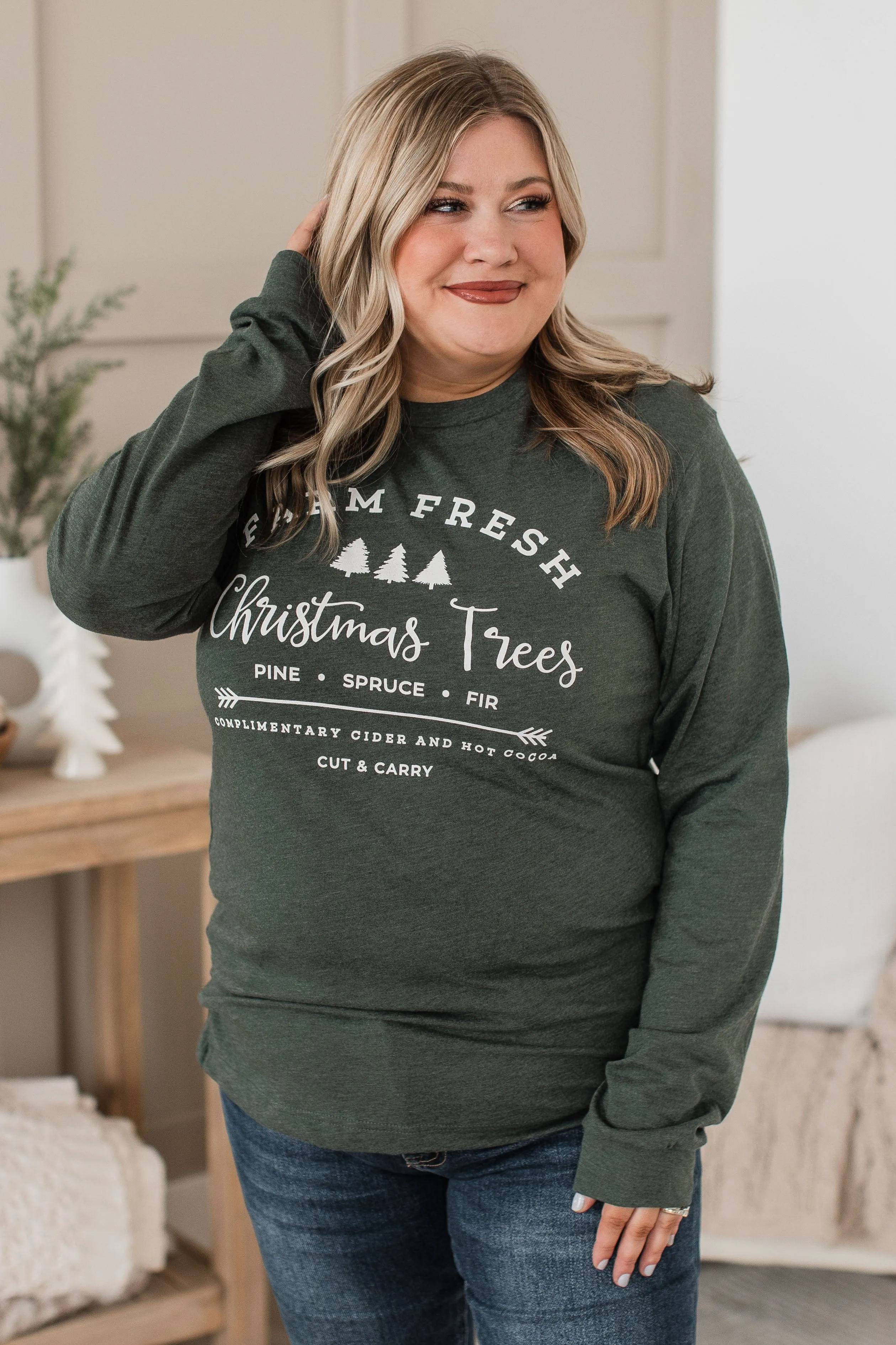 "Farm Fresh Christmas Trees" Long Sleeve Graphic Top- Hunter Green